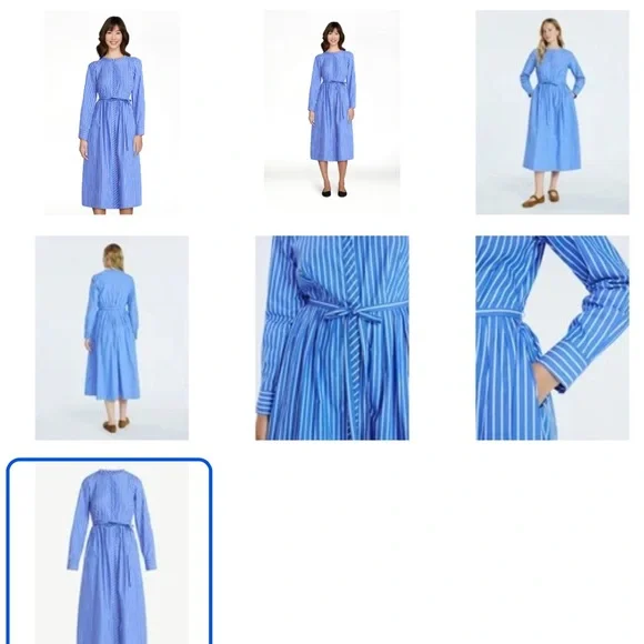 Free Assembly Pleated Cotton Midi Shirtdress Long Sleeves Blue Stripe Waist Tie - Picture 4 of 8